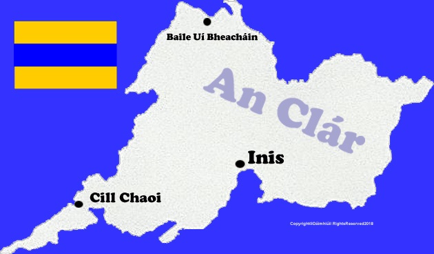 Clare county map with flag and text