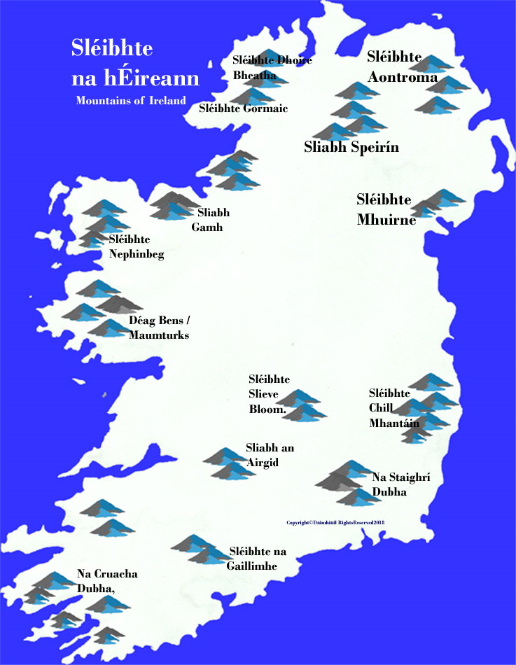 Map of Irelands mountains in Irish with text.