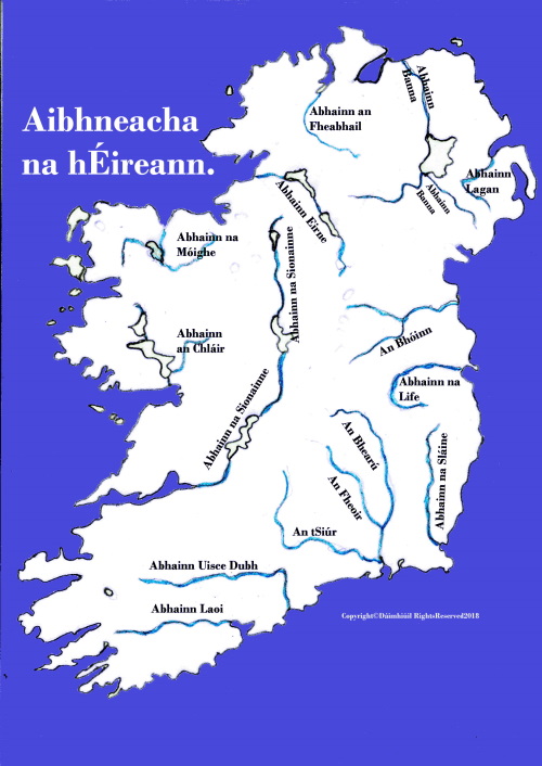 Map of Ireland rivers in Irish text.